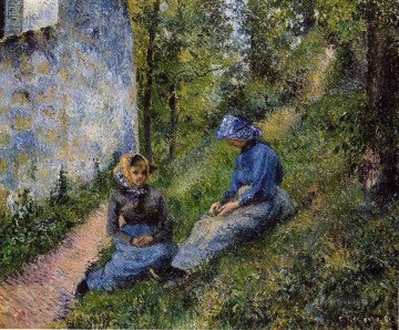  peasants Oil Painting - seated peasants sewing 1881 Camille Pissarro